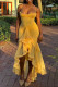 Yellow Sexy Solid Color Patchwork Backless Ruched Spaghetti Strap Sling Dresses