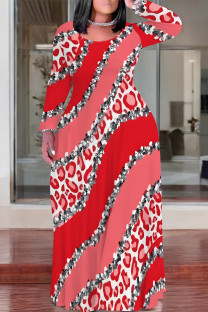 Red Casual Camouflage Print Stripe O Neck Printed Plus Size Dresses
