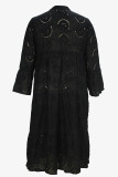Black Casual Solid Color Hollow Out Buckle Patchwork V Neck Long Plus Size Dresses