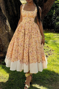 Yellow Elegant Print Buckle Patchwork Backless Contrast Square Neck A Line Dresses