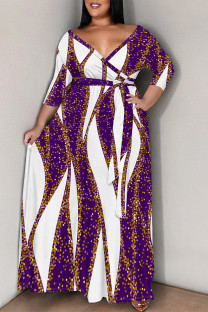 Purple Casual Flowers Stripe Chain print Lace Up Contrast V Neck Printed Plus Size Dresses
