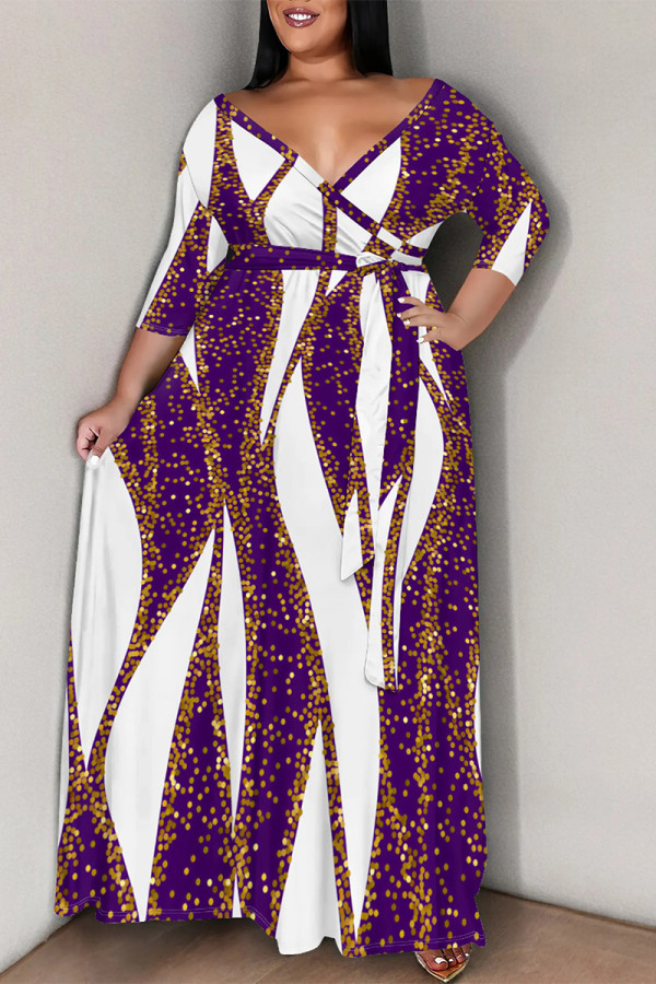 Purple Casual Flowers Stripe Chain print Lace Up Contrast V Neck Printed Plus Size Dresses
