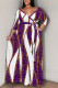 Purple Casual Flowers Stripe Chain print Lace Up Contrast V Neck Printed Plus Size Dresses