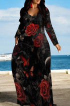 Black Red Elegant Print Pocket Patchwork O Neck Long Dresses