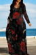Black Red Elegant Print Pocket Patchwork O Neck Long Dresses