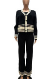 Apricot Casual Draw String Buckle Patchwork Contrast V Neck Long Sleeve Two Pieces