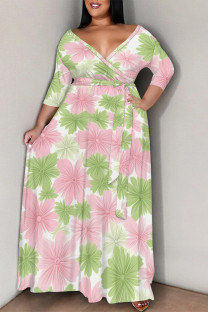 Pink Green Casual Flowers Stripe Chain print Lace Up Contrast V Neck Printed Plus Size Dresses