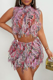 Pink Sexy Fringed Trim Patchwork Turtleneck Sleeveless Two Pieces