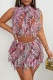 Pink Sexy Fringed Trim Patchwork Turtleneck Sleeveless Two Pieces