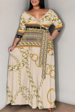 Beige Casual Flowers Stripe Chain print Lace Up Contrast V Neck Printed Plus Size Dresses
