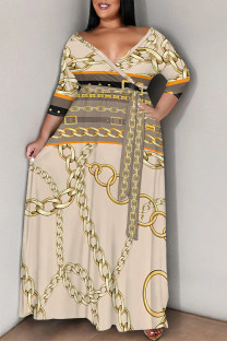 Multicolor Casual Flowers Stripe Chain print Lace Up Contrast V Neck Printed Plus Size Dresses