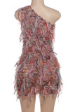 Pink Sexy Fringed Trim Patchwork Backless Oblique Collar Wrapped Skirt Dresses