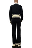 Apricot Casual Draw String Buckle Patchwork Contrast V Neck Long Sleeve Two Pieces