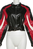 Red Street Patchwork Zipper Contrast Zipper Collar Outerwear