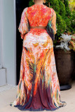 Red Elegant Print Patchwork High Slit Ruched Strap Design Deep V Neck Long Sleeve Two Pieces