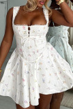White Sexy Print Lace Hollow Out Patchwork Backless Cross Straps Square Neck A Line Dresses