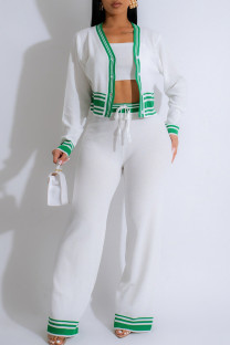 White Casual Draw String Buckle Patchwork Contrast V Neck Long Sleeve Two Pieces