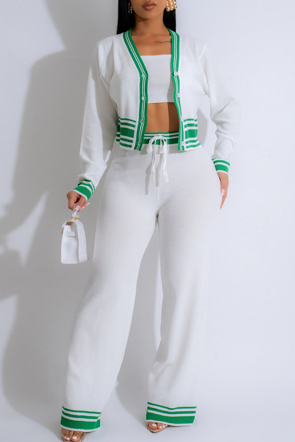 White Casual Draw String Buckle Patchwork Contrast V Neck Long Sleeve Two Pieces