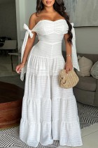 White Sexy Casual Solid Color Backless Belted Off Shoulder Fitted Jumpsuits