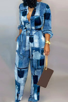 Peacock Blue Casual Print Pocket Buckle Patchwork Turndown Collar Regular Jumpsuits