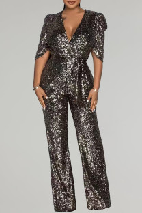 Dark Brown Casual Solid Color Sequins Patchwork V Neck Regular Jumpsuits