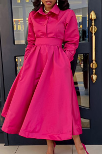 Rose Red Elegant Solid Color Pocket Buckle Patchwork Turndown Collar Long Dresses