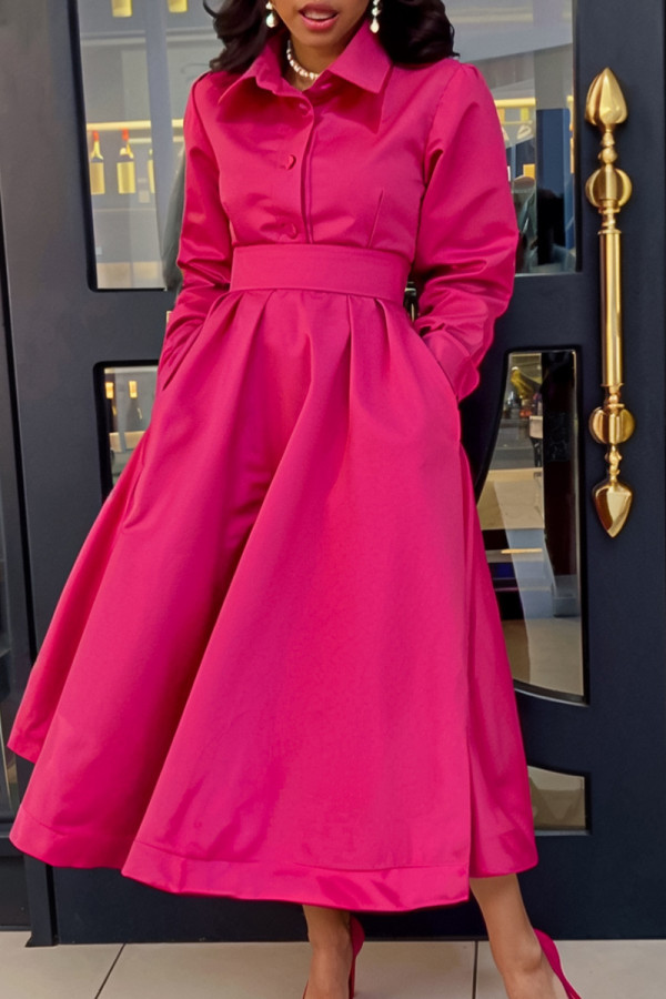 Rose Red Elegant Solid Color Pocket Buckle Patchwork Turndown Collar Long Dresses