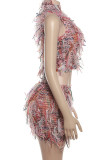 Pink Sexy Fringed Trim Patchwork Turtleneck Sleeveless Two Pieces