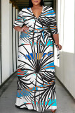 Beige Casual Flowers Stripe Chain print Lace Up Contrast V Neck Printed Plus Size Dresses