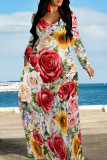 White Red Elegant Print Pocket Patchwork O Neck Long Dresses