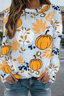 Light Blue Casual Street Graffiti Print Contrast O Neck Tops