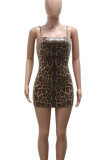 Leopard Print Sexy Leopard Print Sequins Patchwork Backless Spaghetti Strap Sling Dresses
