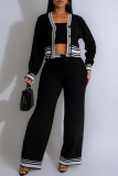 Apricot Casual Draw String Buckle Patchwork Contrast V Neck Long Sleeve Two Pieces