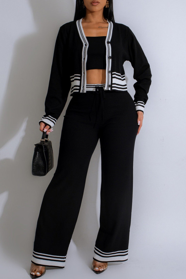 Black Casual Draw String Buckle Patchwork Contrast V Neck Long Sleeve Two Pieces