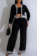 Black Casual Draw String Buckle Patchwork Contrast V Neck Long Sleeve Two Pieces