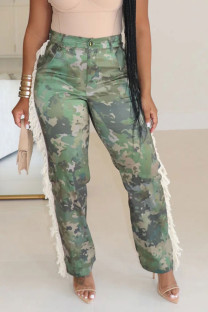 Green Casual Print Fringed Trim Buttons Patchwork Zipper Loose Mid Waist Conventional Patchwork Bottoms