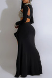 Blue Sexy Hot Drilling Patchwork Hollow Out Slit Half A Turtleneck Evening Dresses