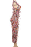 Pink Sexy Fringed Trim Hollow Out Patchwork O Neck Long Dresses