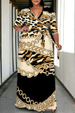 Beige Casual Flowers Stripe Chain print Lace Up Contrast V Neck Printed Plus Size Dresses