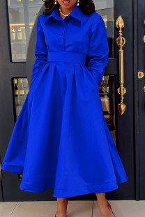 Royal Blue Elegant Solid Color Pocket Buckle Patchwork Turndown Collar Long Dresses