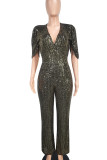 Dark Brown Casual Solid Color Sequins Patchwork V Neck Regular Jumpsuits