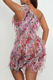 Pink Sexy Fringed Trim Patchwork Backless Oblique Collar Wrapped Skirt Dresses