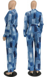 Peacock Blue Casual Print Pocket Buckle Patchwork Turndown Collar Regular Jumpsuits