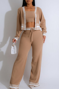 Apricot Casual Draw String Buckle Patchwork Contrast V Neck Long Sleeve Two Pieces