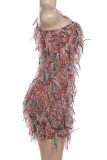 Pink Sexy Fringed Trim Patchwork Backless Oblique Collar Wrapped Skirt Dresses