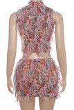 Pink Sexy Fringed Trim Patchwork Turtleneck Sleeveless Two Pieces