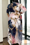 Beige Casual Flowers Stripe Chain print Lace Up Contrast V Neck Printed Plus Size Dresses