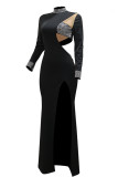 Blue Sexy Hot Drilling Patchwork Hollow Out Slit Half A Turtleneck Evening Dresses