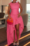 Pink Elegant Solid Color Patchwork Strap Design O Neck Irregular Dresses