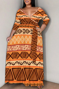 Orange Casual Flowers Stripe Chain print Lace Up Contrast V Neck Printed Plus Size Dresses